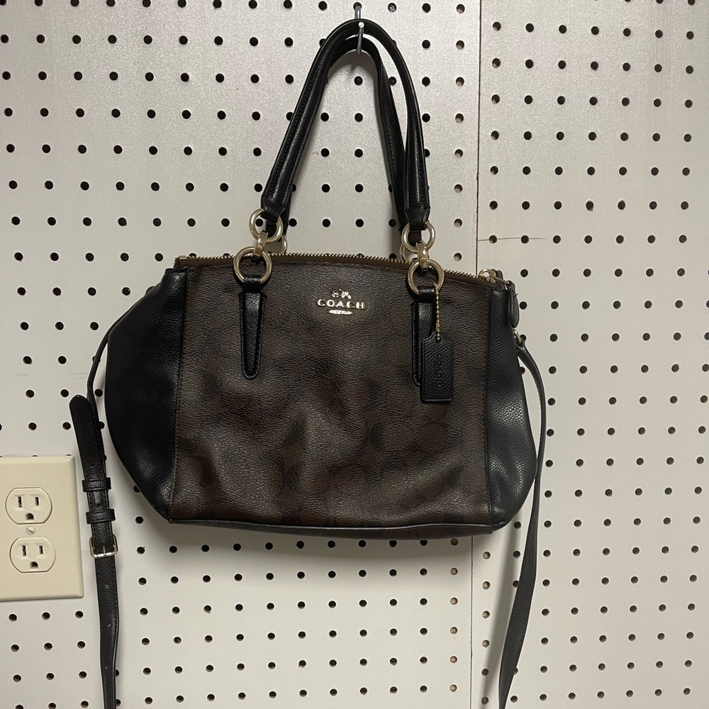 COACH BROWN AND BLACK LEATHER HANDBAG WITH SHOULDER STRAP